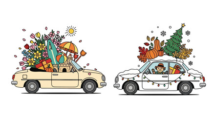 Naklejka premium Seasonal cars illustrations of summer and winter vehicles with decorations