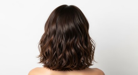 Fototapeta premium Woman's Back View, Dark Wavy Hair, Shoulder Length, Beauty and Styling Concept