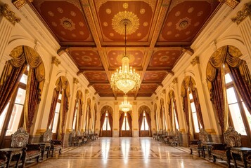 Naklejka premium A grand interior wide-angle shot of a magnificent Rattanakosin-era Thai royal reception hall, featuring soaring coffered ceilings with intricate gold stencil work on deep vermillion background.