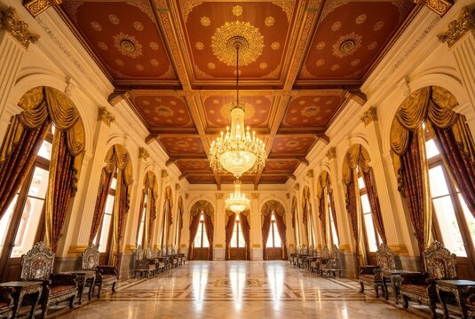 A grand interior wide-angle shot of a magnificent Rattanakosin-era Thai royal reception hall, featuring soaring coffered ceilings with intricate gold stencil work on deep vermillion background.