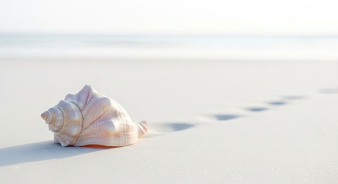 A serene beach scene with a large conch shell resting on the sand, footprints leading towards the water, and a distant horizon line.