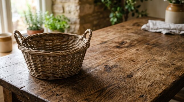 A rustic wooden table with a woven basket and a kitchen towel on it.