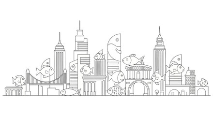 Fototapeta premium Stylized cityscape with fish illustrations in a black and white line art style