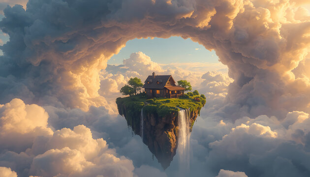 Cozy Cottage on a Floating Island with Waterfall in a Fantasy Cloudscape