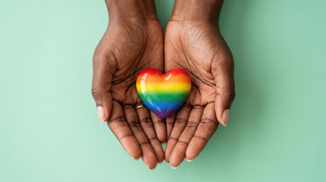 Hands of Black Person Holding Rainbow Heart for LGBTQ Intersectionality and Pride