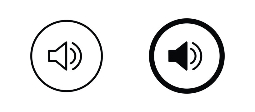 Minimalist speaker volume icon set, black and white audio sound symbols in circular frames, modern multimedia interface vector elements