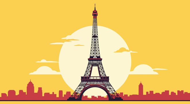 Stylized eiffel tower silhouette against yellow sky and sunset