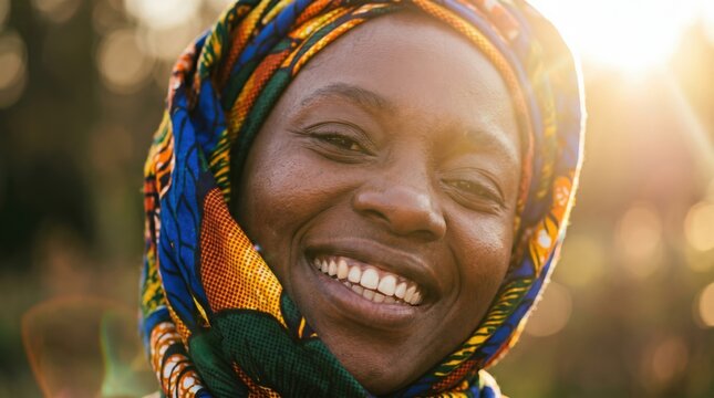 Happy mature Black woman wearing traditional African print headwrap in nature at sunset