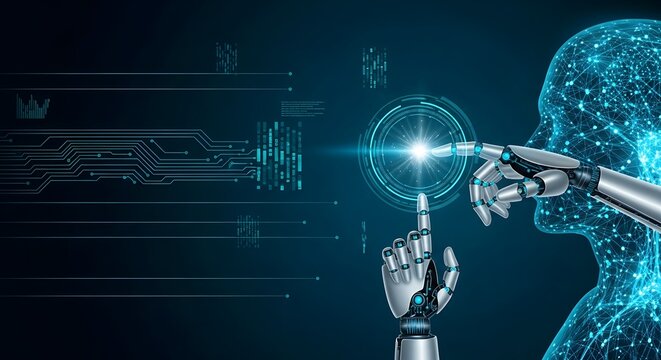 Robot hand touches glowing digital interface with futuristic background
