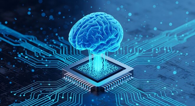 Digital brain on microchip with glowing circuits, artificial intelligence