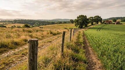 Fototapeta premium A dirt road leading through a lush green field with a wooden fence and a small house in the distance.