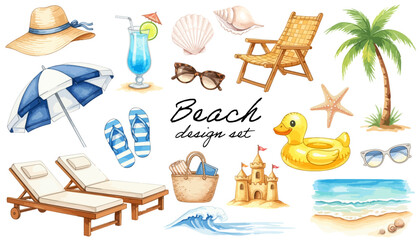 ビーチアイテムと夏の海リゾートイラストセット｜ヤシの木・浮き輪・波・砂浜 © DROP DESIGN STUDIO