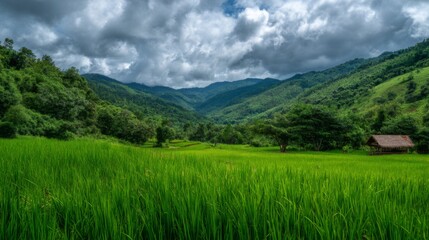 Fototapeta premium Lush Green Rice Field Landscape Surrounded by Majestic Mountains Under Dramatic Cloudy Sky in Remote Natural Environment