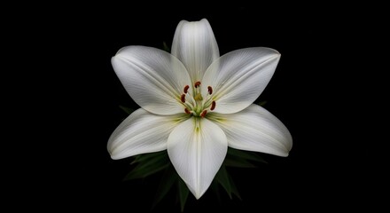 Fototapeta premium A white lily flower with vibrant green leaves against a black background.