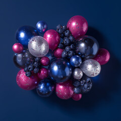 Fototapeta premium Jewel tone metallic balloon cluster with confetti on dark blue