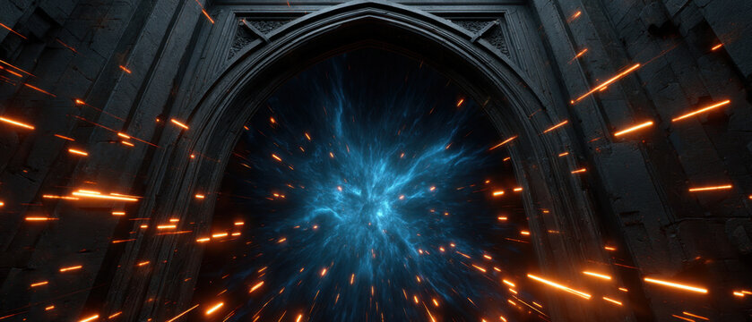 Cinematic science fiction portal glowing blue vortex orange light streak dark stone arch fantasy background dramatic scene energy burst futuristic tunnel abstract motion mysterious space digital