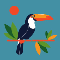 Fototapeta premium Flat vector illustration of a toucan perched on branch