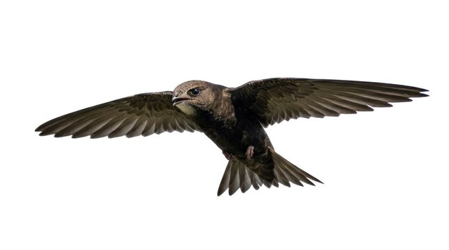 A swift bird in flight, with wings spread wide, against a white background.