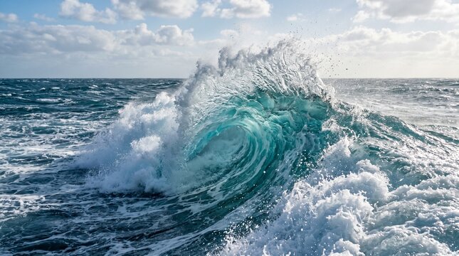 Powerful turquoise ocean wave curling and crashing in open sea under a partly cloudy sky