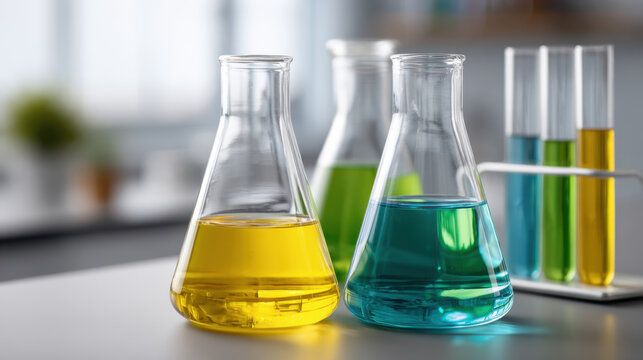 Laboratory glassware with colored liquid in conic flask and test tube on table in clean science setting