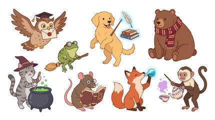 Fototapeta premium Set of cute cartoon animals engaged in magical and wizardry activities, perfect for children's illustrations and fantasy themes.