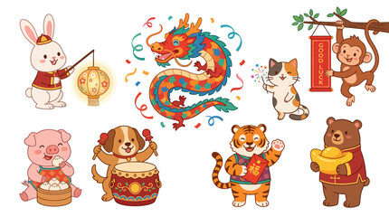 Obraz premium Cute Chinese Zodiac Animals Celebrating Lunar New Year with Traditional Decorations and Festivities.
