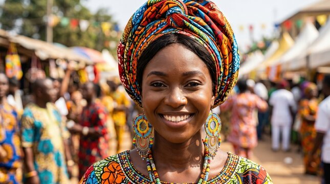 Beautiful young Nigerian woman wearing colorful Gele and beads at a busy local market festival