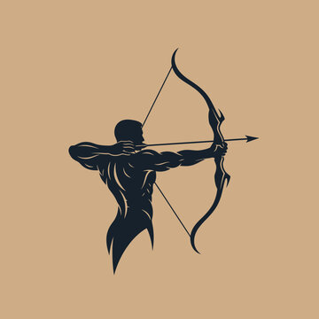 Muscular archer silhouette aiming a longbow and arrow