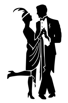 Elegant 1920s couple dancing together, flapper woman with feather headband and draped dress with tuxedo man in bow tie, Art Deco Gatsby era bold black silhouette illustration isolated on background