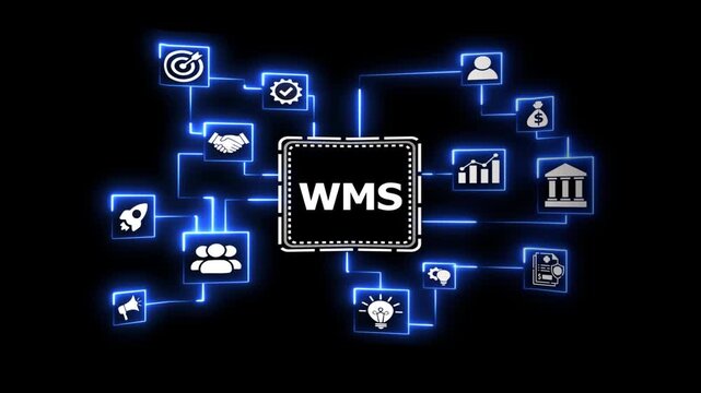 Warehouse management system concept with icons motion. Dynamic digital animation showing warehouse management system, wms text in center, and various business icons connected by lines.