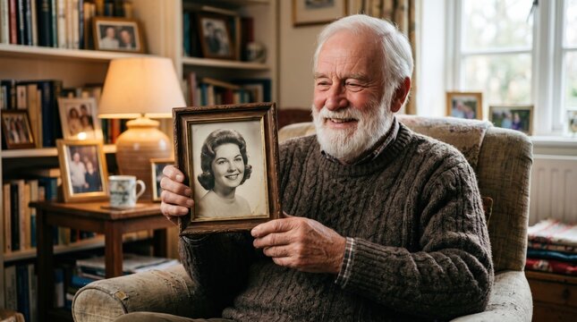 Elderly widower holding framed portrait of young woman, senior man reminiscing in home library