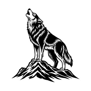 Wolf howling on mountain peak black and white illustration