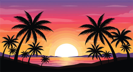 Fototapeta premium A serene beach at sunset with palm trees