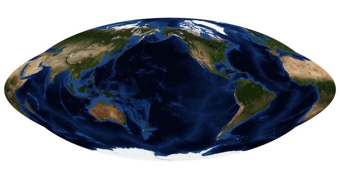 World map in Goode homolosine projection. Detailed animation of longitude shift rotation. Video of Earth's physical map. June View. Elements of this video furnished by NASA.