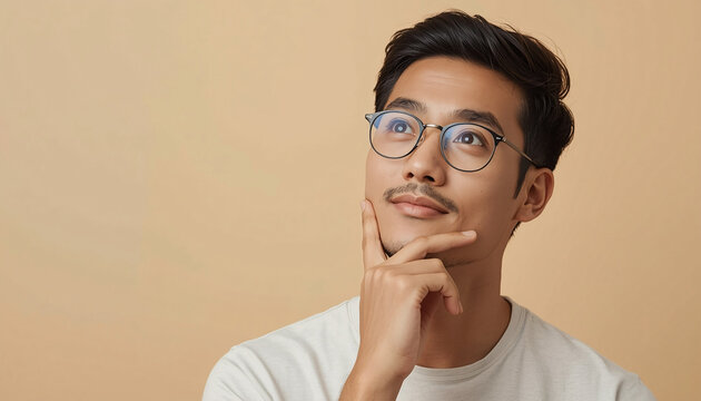 Suitable for use in advertising, marketing materials, or editorial content. The young man's thoughtful expression and casual style make him relatable and versatile for various design needs.
