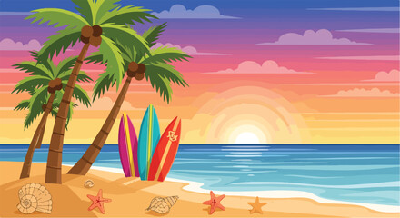 Obraz premium A serene beach scene with palm trees and surfboards