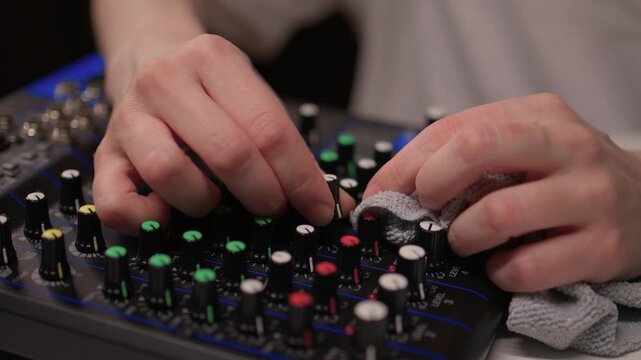 Stage operator preparing gear carefully. Close view of technician sanitizing sound mixer. Technician swiftly disinfects and sets up audio controls for upcoming performance