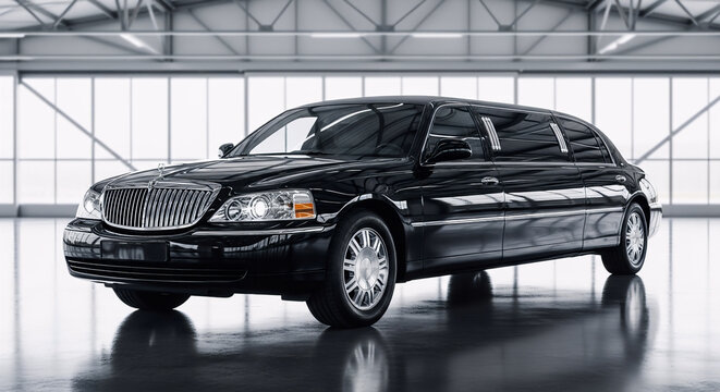 A black airport limousine parked inside a large bright hangar representing professional corporate luxury transport service for executive travel and events