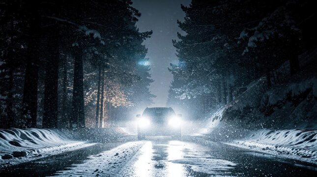 A car drives through a snowy, dark forest road at night, with bright headlights illuminating the falling snow and surrounding trees.
