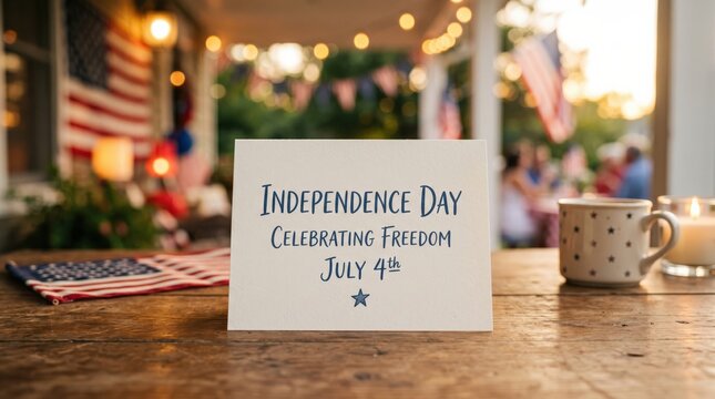 Patriotic Independence Day card on wooden table with American flags and string lights