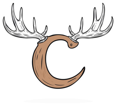 Illustrated alphabet letter C with large moose antlers for a rustic monogram or logo design