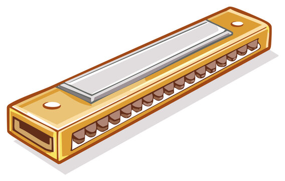 Golden colored harmonica musical instrument with silver plates isometric cartoon illustration