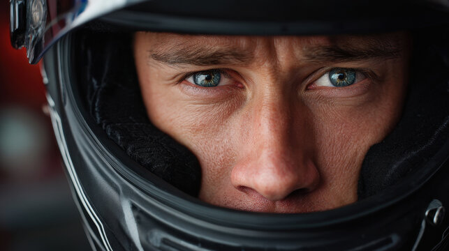 Racing driver face in helmet close up intense blue eye stare focused male athlete motorsport portrait front view helmet visor racing suit concentration speed competition