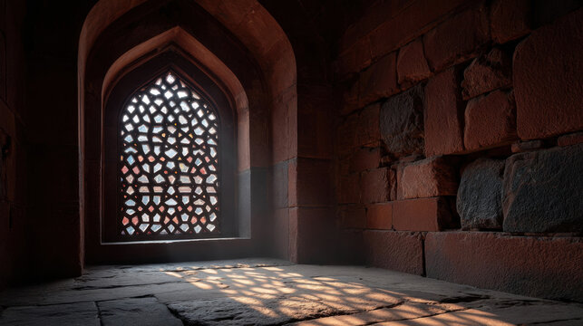 Arched interior view of historic stone chamber with lattice window and sunbeam light