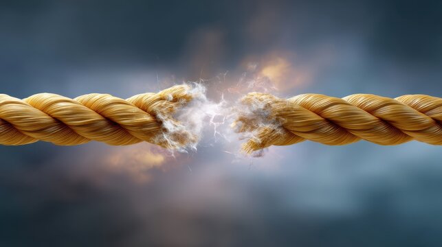 A thick rope is fraying and breaking under tension, with fibers snapping and sparks flying, symbolizing stress or imminent failure.
