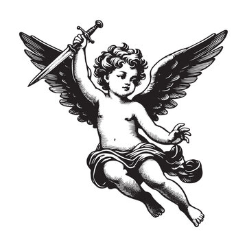 Cherub with wings holding a sword, detailed vintage illustration of a winged baby angel.