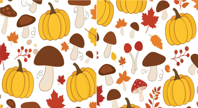 Autumn seamless pattern vector illustration with pumpkins, mushrooms and fall leaves, seasonal background design