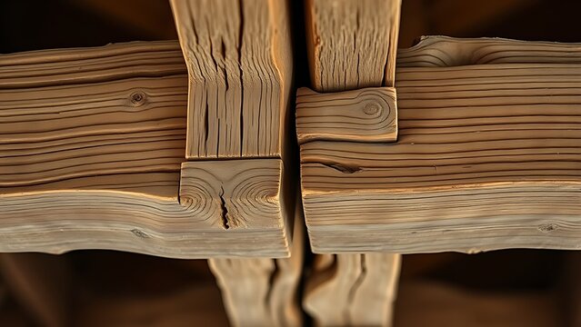 tenon. Ancient wooden beam with mortise and tenon joint, detailed texture. real-estate listings, architecture portfolios, designed for real-estate listing and luxury residence showcases.