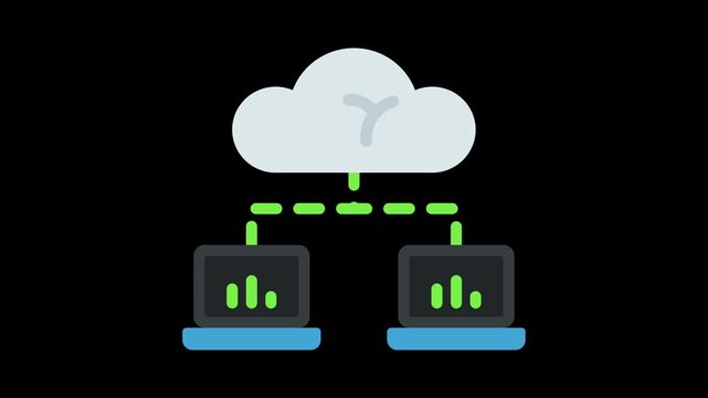 Digital cloud computing icon connected to two modern laptops representing remote data sharing and network synchronization