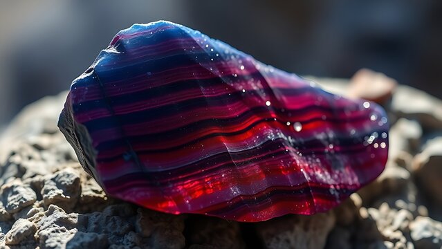 corundum. Raw corundum specimen with blue and red striations on rough stone. STEM education sheets, lab safety posters, designed for biotech research communications.